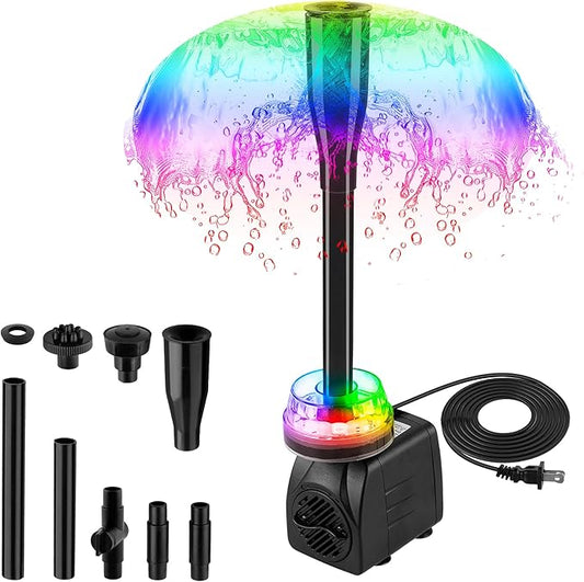 15W 800L/H Submersible Pond Fountain Pump with LED Lights, Ultra Quiet Water Pump, Pond Fountains Pump for Small Pond, Koi, Garden, Aquariums, Fish Tanks, Indoor Outdoor Fountain 3 Type Nozzles