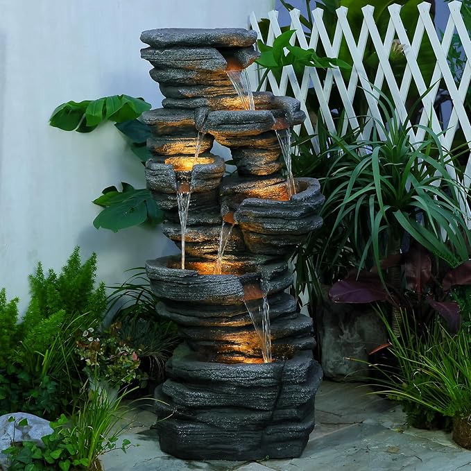 42.5" H Garden Outdoor Water Fountain with LED Lights & Pump, Mutiply-Tier Cascading Outdoor Fountain for Garden,Patio,Porch,Backyard,Home Art Decor