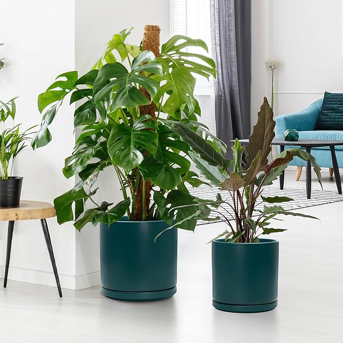 D'vine Dev 8 Inch & 10 Inch Ceramic Planter Pot for Plants with Drainage Hole and Saucer, Large Plant Pots Set, Teal, 94-G-L-9