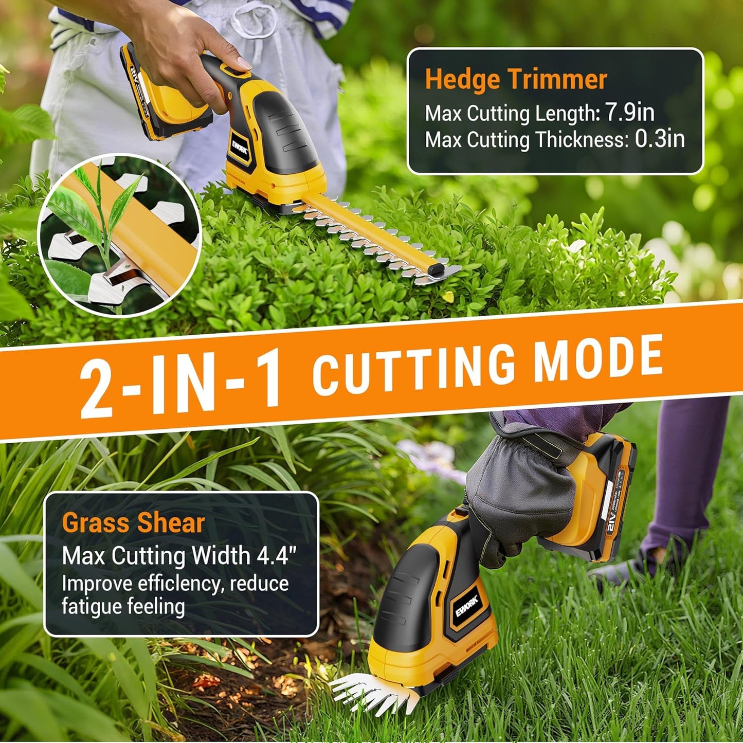 EWORK 21V Cordless Hedge Trimmer & Grass Shears 2-in-1 Handheld Small Electric Bush Trimmer with 2x2.0Ah Battery and Charger, Battery Powered Shrub Trimmer for Garden, Yard, Lawn Maintenance