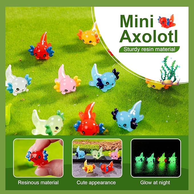 72 Pack Mini Animals Tiny Axolotl Figurines Glow in Night Bulk for Miniature Dollhouse Decor Accessories Garden Aquarium Potted Ornament Party DIY Charms Office Classroom Activity to Hide