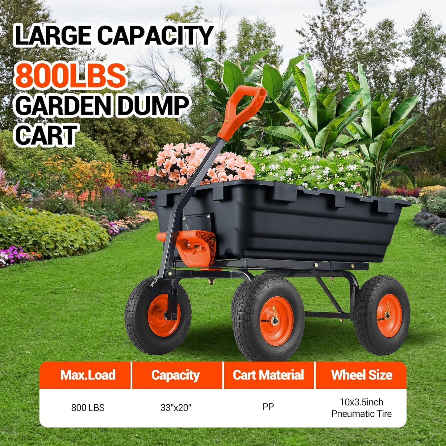 800 lbs Poly Garden Dump Cart, Heavy-Duty Wheelbarrow with 10-Inch Tires, 180° Rotating Handle, Steel Frame and Quick Release System Garden Dump Cart for Soil Plants Gardening Tools Wood