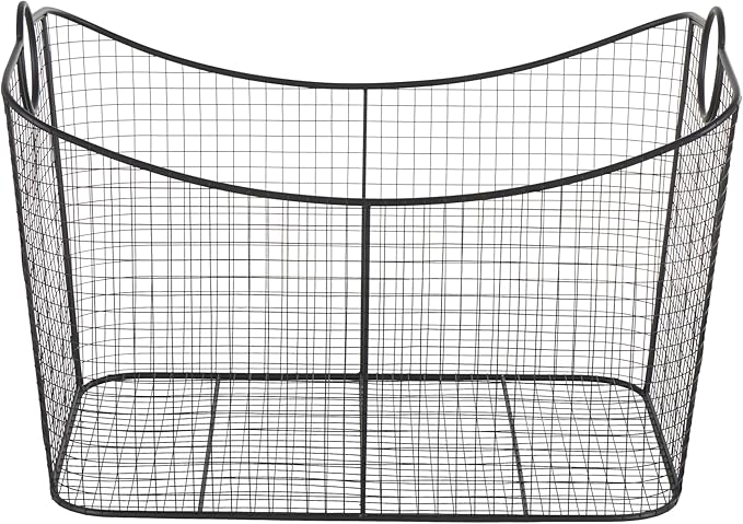 Deco 79 Metal Large Open Frame Wire Grid Storage Basket with Curved Sides and Ring Handles, 30" x 20" x 20", Black