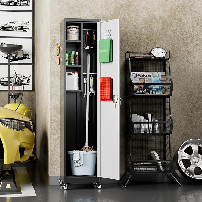 72''H Metal Broom Closet Storage Cabinet with Wheels & Pegboards, Mops Broom Closet Organizer with Locking Door & Hanging Rod,Cleaning Tool Garage Cabinet,Assembly Required,Black White