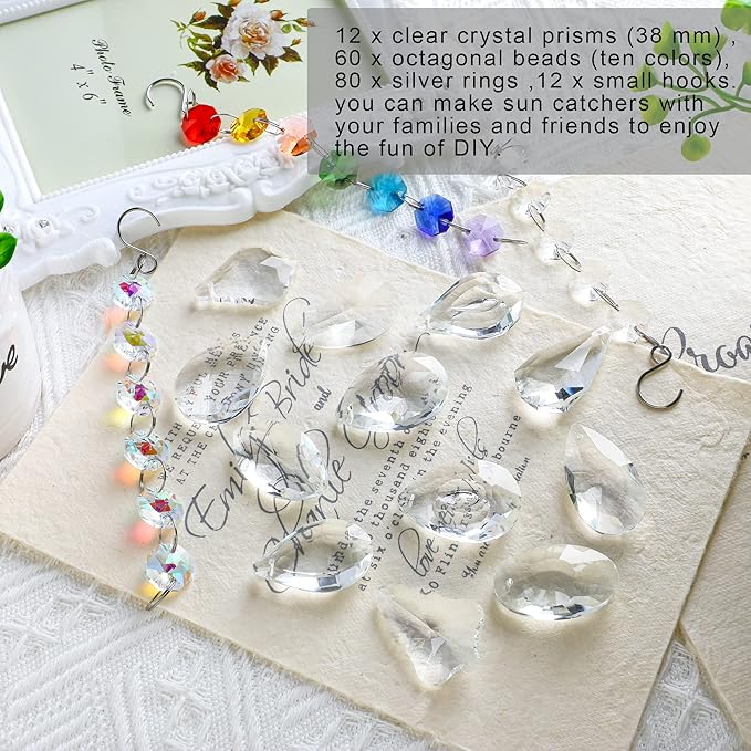 12Pcs Clear Crystal Suncatchers Prisms DIY Kit,Glass Suncatchers Hanging Crystals Ornament,Sun Catcher with Glass Beads,Prisms Rainbow Pendant for Window Home Office Garden Decoration