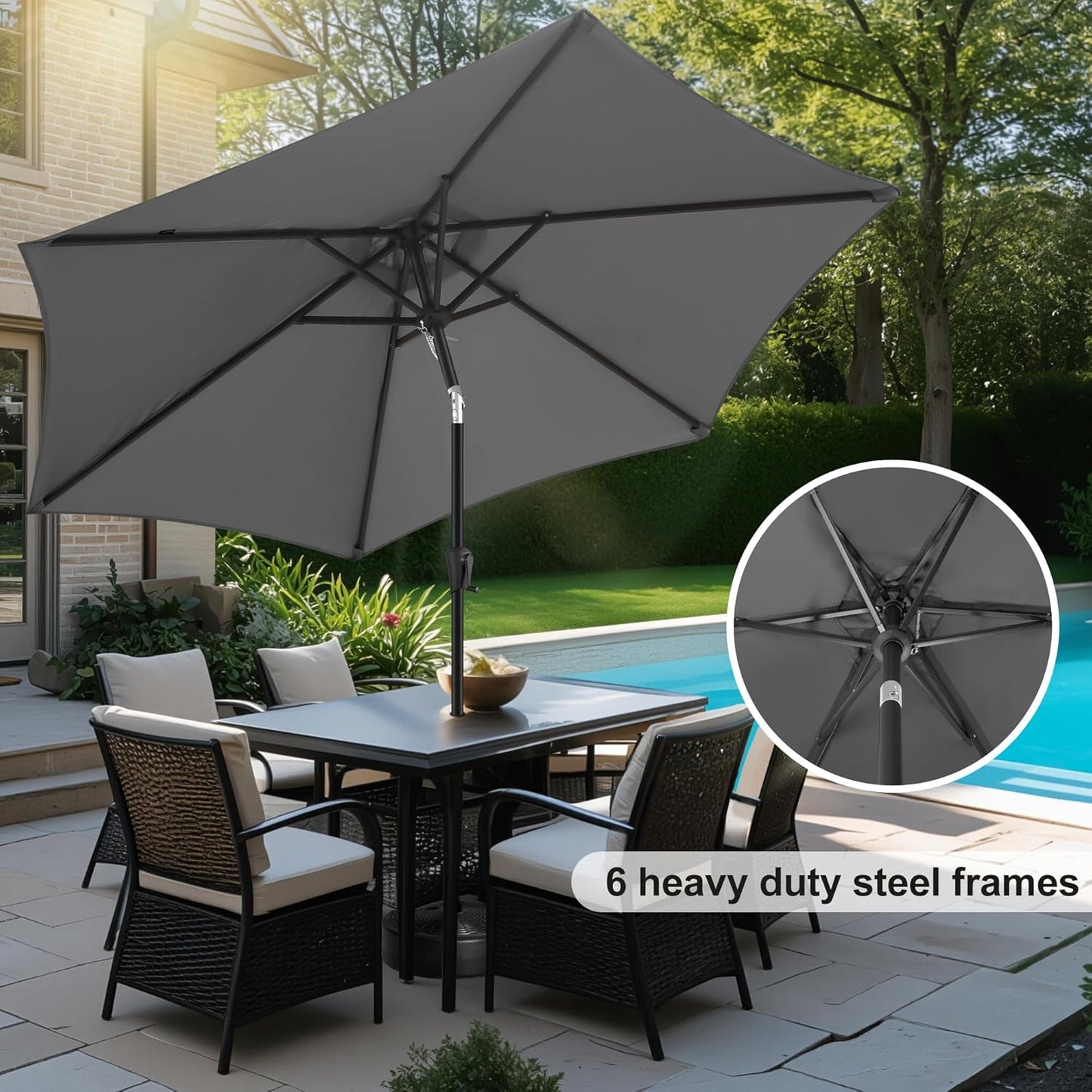 FLAME&SHADE 10ft Patio Umbrella - Outdoor Umbrella with 6 Sturdy Ribs, Push Button Tilt and Crank, UV Protection Table Market Umbrella for Pool, Porch，Garden, Deck, Backyard (Anthracite)