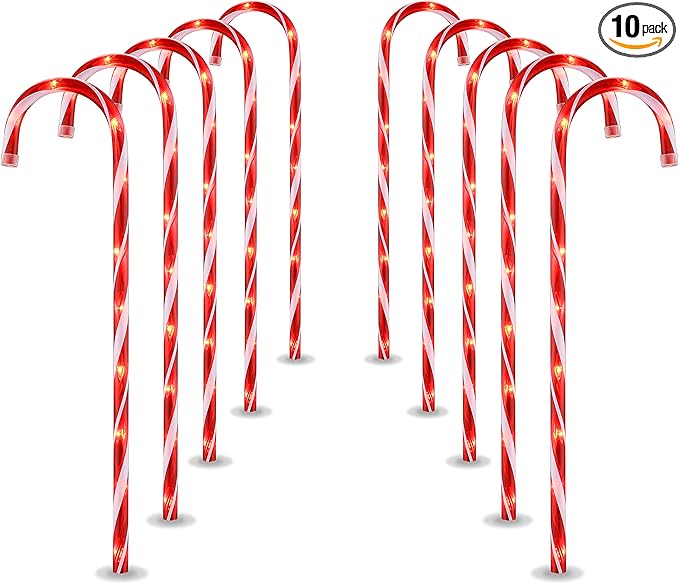 26" Christmas Candy Cane Pathway Markers Lights, Set of 10 Pack Christmas Outdoor Decorations Candy Cane Lights for Yard Patio Garden Walkway Indoor Décor Landscape Path Festival Holiday, Red
