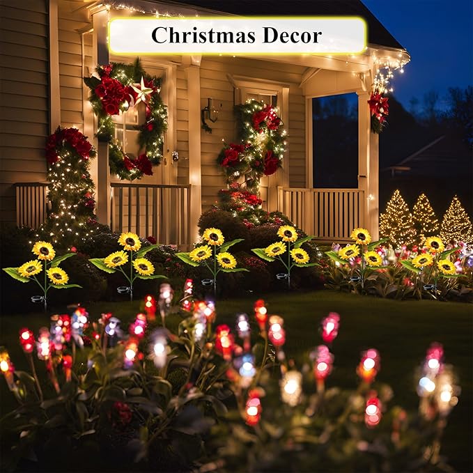 4-Pack Solar Powered Sunflower Garden Lights, LED Outdoor Decor Solar Light Flowers for Yard Patio Ground Lawn Landscape, Decorative Artificial Flower Bright Night Outside