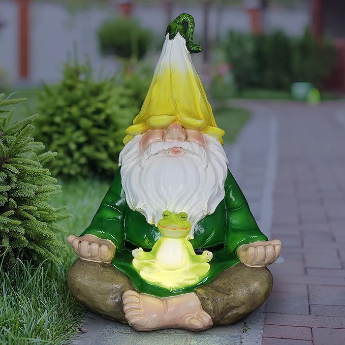 Exhart Solar Light-Up Meditating Gnome Statue w/LED Frog, Durable Resin Garden Décor, 8”x6.5”x10.5”