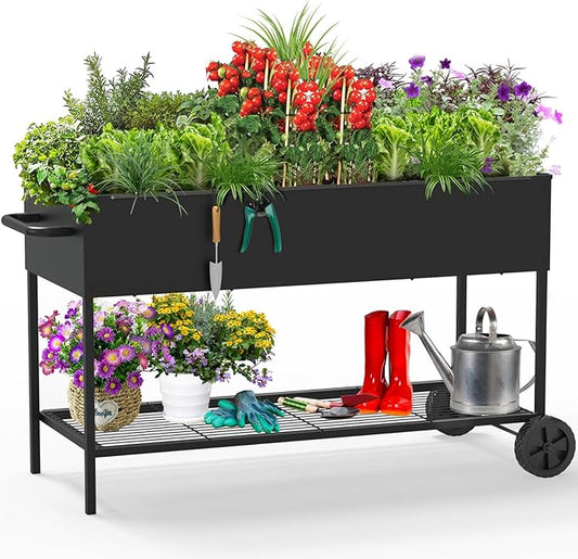 51 × 26 × 32 Inches Raised Garden Bed with Legs/Storage Shelf, Mobile Planter Box for Outdoor Plants, Elevated Garden Bed for Backyard, Balcony, Black