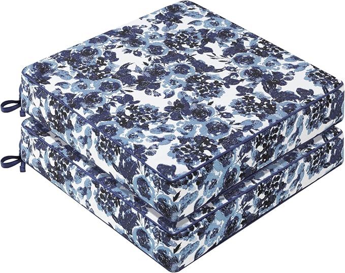 Favoyard Outdoor Chair Cushion 19 x 19 x 3 In Waterproof Pattern Fade Resistant Cushions for Patio Furniture with Removable Cover Attach Straps 28D Foam Insert Cushions Pads for Seat Sofa Couch 2 Pack