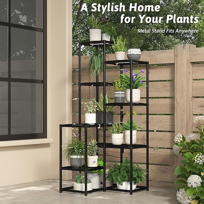 Gnetingbro Corner Plant Stand with Grow Lights Tall Plant Shelf Indoor Outdoor for Multiple Plants Metal Plant Ladder Rack Holder Display Flower Stand for Patio Porch Garden Living Room Black