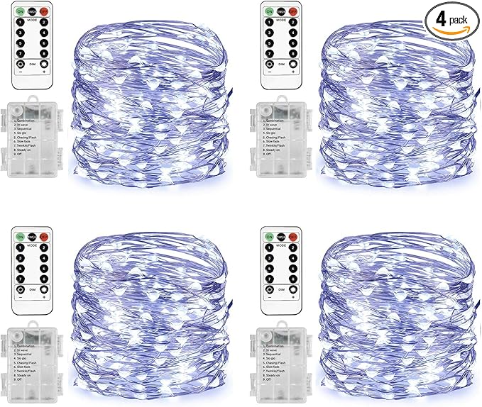 Homemory 4 Pack 20 Ft 60 LED Fairy Lights Battery Operated String Lights with Remote Waterproof 8 Modes Firefly Twinkle Christmas Lights for Party Bedroom Wedding Decorations(Cool White)