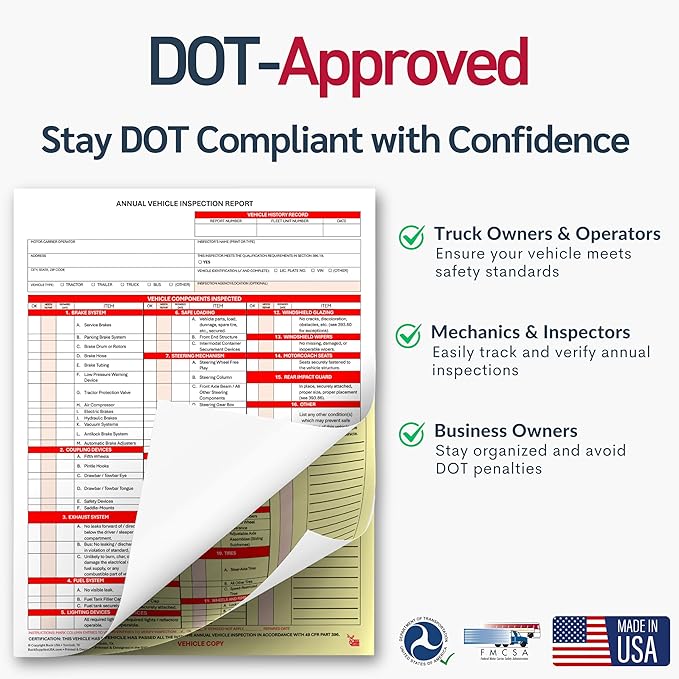25 Pack 3-Ply Carbonless Annual Vehicle Inspection Report Forms with FMCSA 2-Ply Mylar Laminate Adhesive Vinyl Labels, DOT Inspection Forms and Stickers, Shrink-Wrapped, 8.5" x 11.75" - Made in USA