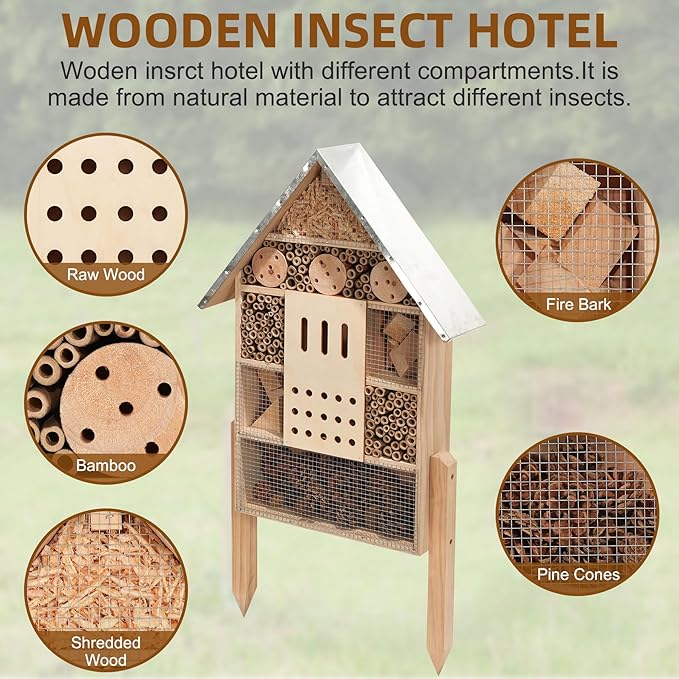 antiai Extra Large Wooden Insect House with Stakes,Wood Mason Bee Butterfly House,Insect Hotel,an Outdoor Bamboo Habitat for Ladybugs Live,Bee Box,Butterfly Habitat for Garden and Yard,30" H x15 W