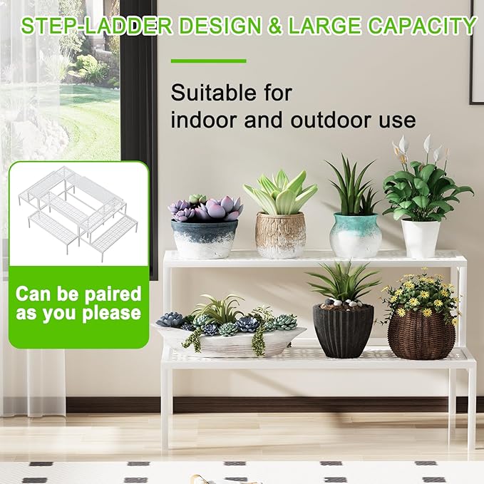 aboxoo Metal Plant Stand Metal 2 Tier Potted Multiple Flower Pot Holder Plant Shelf Indoor Plants Multiple,Outdoor Heavy Duty Planter Display Shelving Unit for Patio Garden Corner Balcony,Living Room(White)