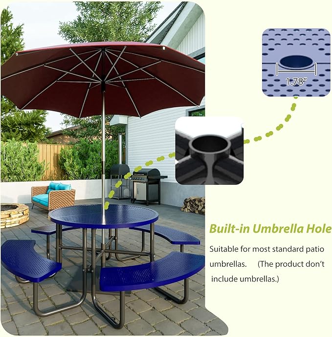 46'' Steel Round Picnic Table for Outdoors, Expanded, Lifetime Picnic Table with Umbrella Hole, Heavy Duty Sturdy Commercial Picnic Tables for Garden Courtyard BBQ, Blue