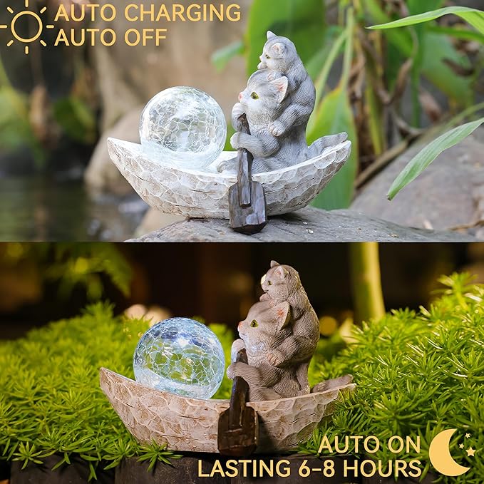 Garden Statue of Cat,Garden Decor Cat Figurine,Cats Outdoor Statue,Solar Decor for Patio,Balcony,Yard,Lawn Ornament