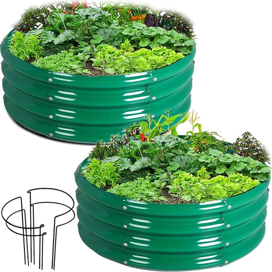 FORTUNO 2 Pcs 2 Ft Round Raised Garden Bed Box Galvanized Metal Outdoor High Flower Bed Steel Patio Ground Planter for Planting Vegetables and Herbs, Green