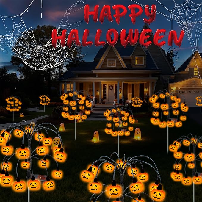 Halloween Decorations, 2 Pack 40LED Solar Halloween Pumpkin Lights Outdoor Waterproof Halloween Solar Garden Lights Swaying Firefly Lights for Yard Garden Patio Party Decor Orange