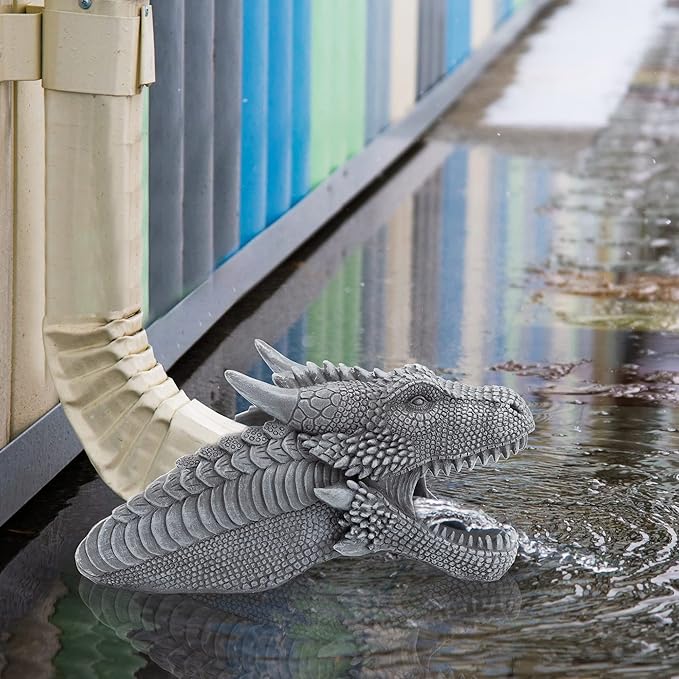 Dragon Garden Downspout Sculpture; Splash Block Anchor w/Ramp for Downspout Extension