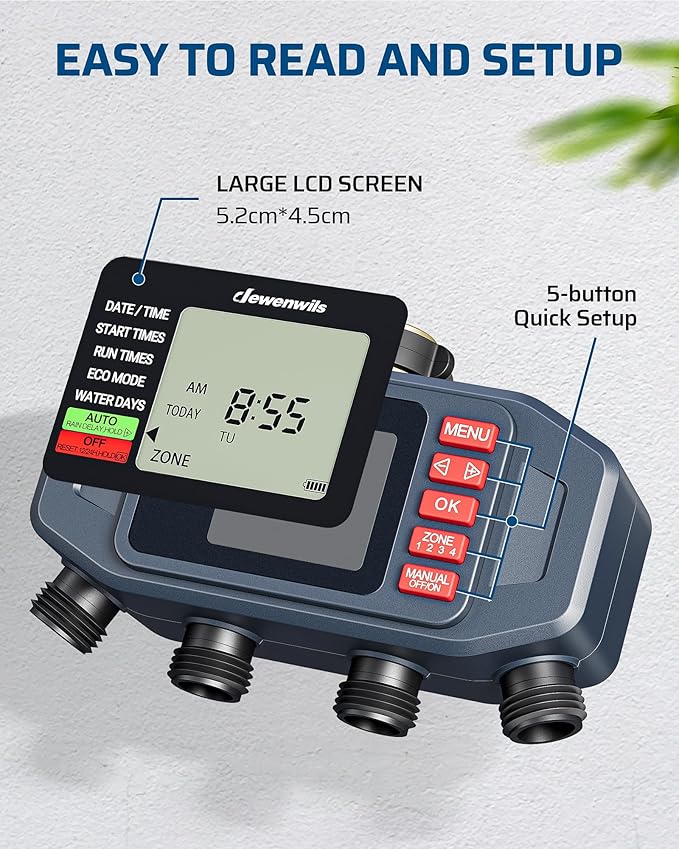 DEWENWlLS Sprinkler Timer, 4 Zone, Outdoor Faucet lrigation, Rain Delay & Manual, Programmable Water Hose Timer for Holiday, Garden, Lawn, Vegetable Gardening, Potted Flowers