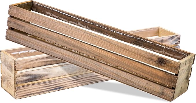 20" Rectangular Rustic Wood Planter with Plastic Liner l Rustic Whitewash l Wine Crate Style, Home and Wedding Decorations, Garden Ornaments (20x4 Wine Crate Set of 2, Whitewash)