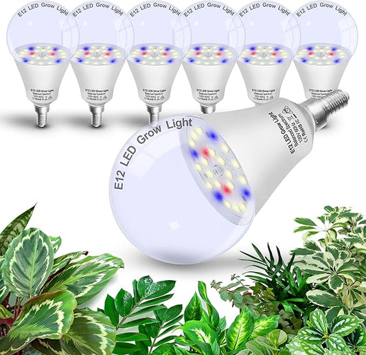 Grow Light Bulbs E12 Candelabra Small Screw Base for Indoor Plants Full Spectrum,Grow LED Light Bulb 10W with Balanced Spectrum 5000K Blue Red for Seeds Greens Laboratory,School,Greenhouse Garden,6Pcs