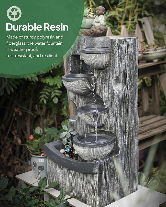 23.43" H Outdoor Water Fountain, 5 Tiers Bowls Garden Water Fountains with LED Light, Modern Natural Waterfall Fountain for Garden, Patio, Yard and Home Art Decor