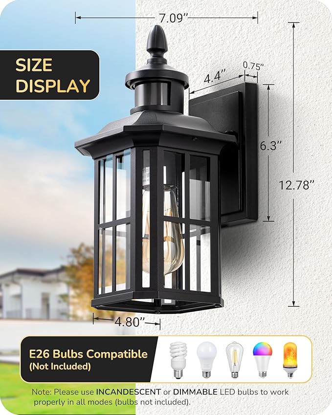 EDISHINE Motion Sensor Outdoor Wall Light, Dusk to Dawn Front Porch Light Fixture, Outdoor Wall Sconce with Clear Glass, Black Exterior Wall Lantern for Door, Garage, Patio, House