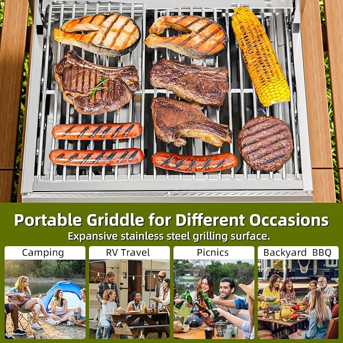 3-Burner 24,000 BTU Portable Flat Top Propane Gas Grill, Heavy-Duty Stainless Steel 2-in-1 Tabletop Grill and Griddle Combo for Commercial BBQ, Outdoor Cooking, Camping,Tailgates & Backyard