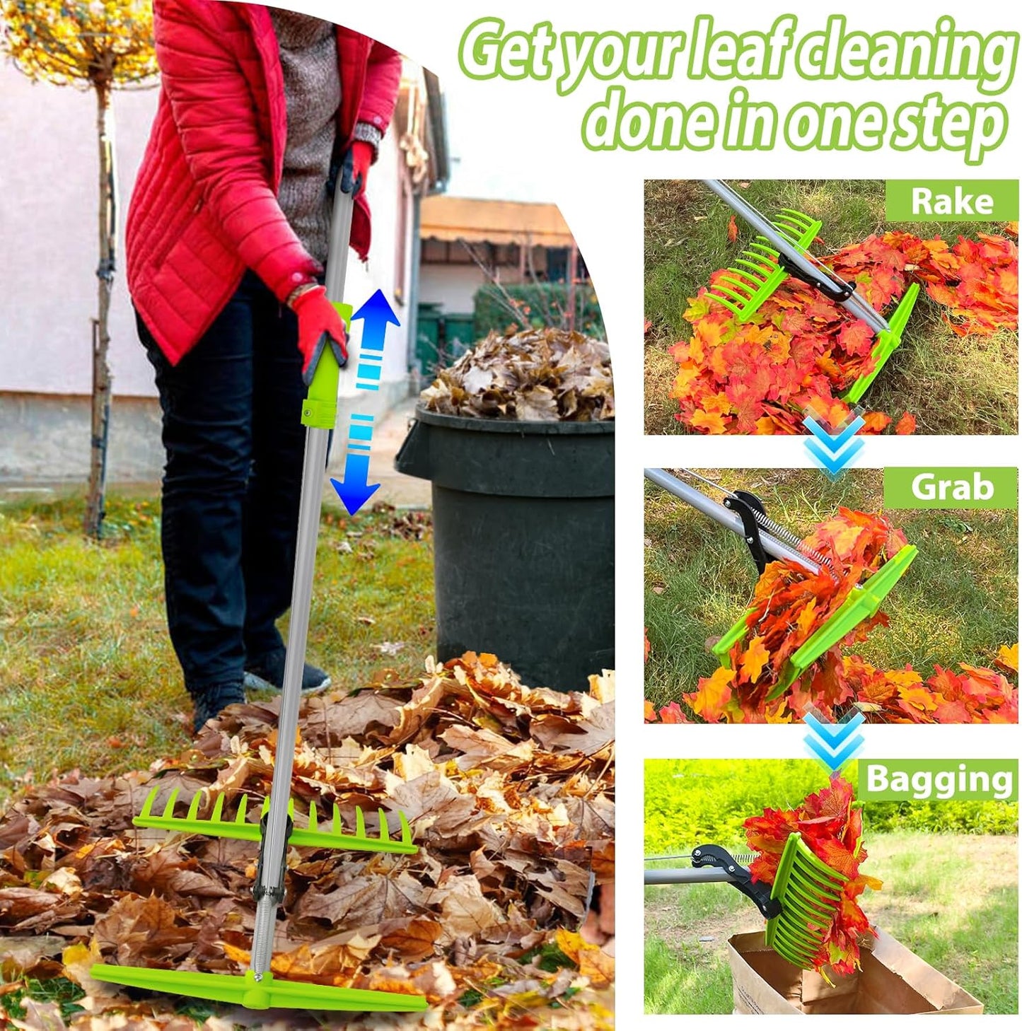 2-in-1 Leaf Grabber Rake, Back Saving Leaf Scoops and Claws with Long Handle, Efficient Leaf Picker Upper Grabber, Leaves Pickup Shovel for Lawns Yard Work Gardening