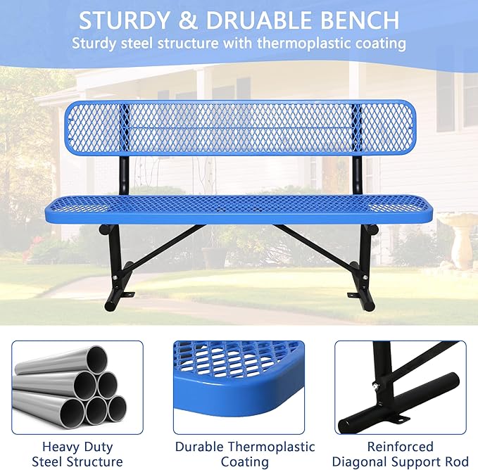 6FT Outdoor Benches Heavy Duty Park Bench with Back Portable Frame, Blue Metal Steel Bench, Outdoor Garden Bench Expanded Metal Mesh Bench for Lawn, Park, Deck, Garden, Patio, Porch, Black (Blue, 6FT)