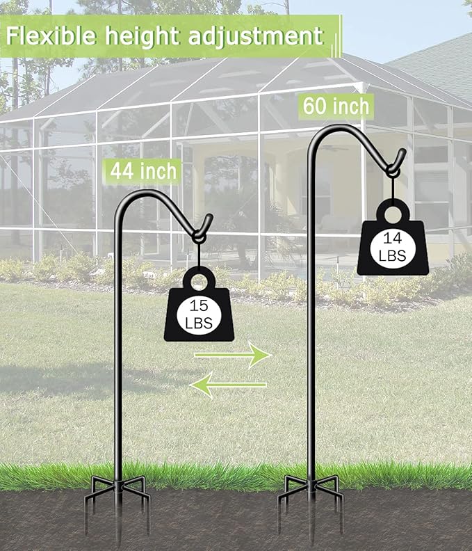 Garbuildman 60 Inch Tall Shepherd Hooks with 5-Forked Base, Adjustable Heavy Duty Bird Feeder Pole Stand Hanger for Outdoor, Shiny Black, 2 Pack