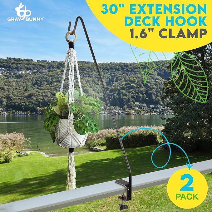 Gray Bunny Deck Hook 2 Pack, 30 Inch Bird Feeder Pole, with Non-Slip Clamp Deck Bird Feeder Hanger for Railing for Feeders, Planters, Suet Baskets, Lanterns, Wind Chimes and More