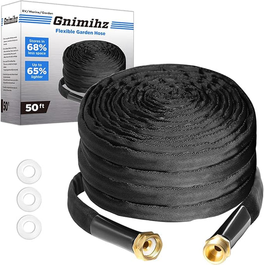 Garden Hose 50ft, Made of TPE(Not PVC), Ultra-Light & Flexible Water Hose with Solid Brass Fittings, Non-Shrinking, Easy to Storage, Drinking Water Safe Material, All-weather, Black, Newbox