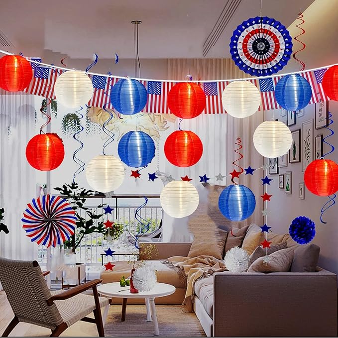 4th of July Decoration Lights, 25Ft Red White and Blue Lantern Lights with 11 LED Bulbs (1 spare bulbs), Hanging Patriotic Decor Lights for July 4th, Independence Day, Yard, Garden, Memorial Decor