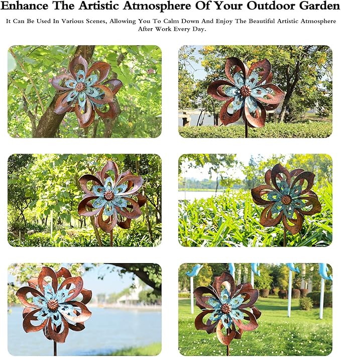 Garden Wind Spinner,Flower Wind Spinner,Outdoor Metal Wind Sculpture & Spinner Large 23 inch Dia 84 inch Height Kinetic Windmill for Garden Yard