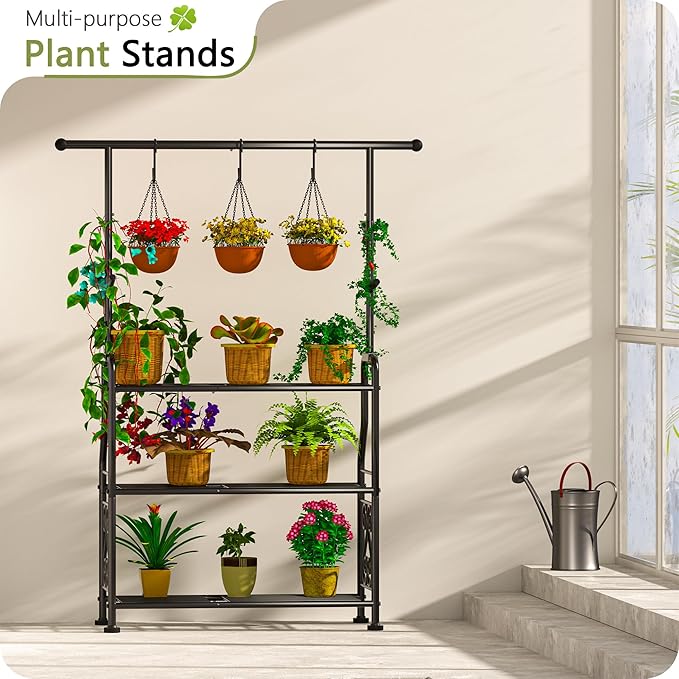GIOTORENT Plant Stand Indoor Outdoor, 3-Tier Heavy Duty Metal Shelves, Display up to 14 Multiple Plants, Tall Plant Holder with Plant Hanger, Suit for Patio Living Room Garden Balcony, 5 Hooks, Black