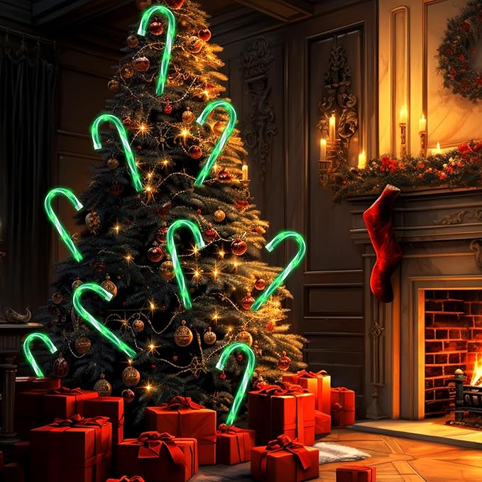 10" 10 Pack Christmas Candy Cane Lights, Candy Cane Lights with 10 Stakes for Walkway Patio Yard Patio Garden Festival Holiday Outdoor Indoor Landscape Path, Christmas Decorations Outside, Green