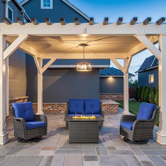 4 Piece Patio Furniture Set with Fire Pit Table - 41inch 50000 BTU Propane Fire Pit Table with High Back Loveseat Glider Chair and 2 Swivel Rocker Chair for Casual Gathering