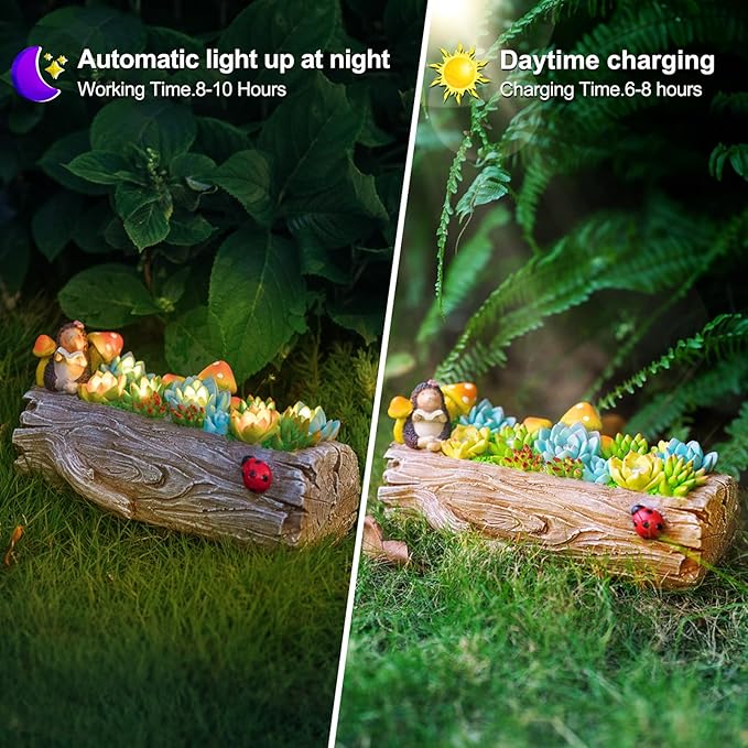 Garden Solar Figurine Light - Stump Succulent Solar Light Outdoor, Solar Powered Lighting Outside Decorations Yard Art Lawn Ornaments for Porch Patio Balcony - Succulent Gifts for Women Mom