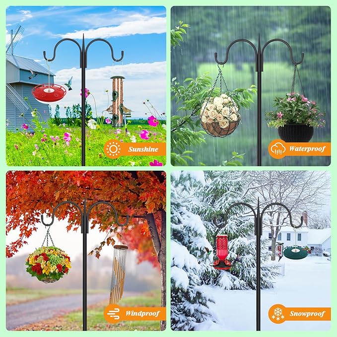 FEED GARDEN Adjustable Double Shepherds Hook for Outdoor with 5 Prong Base 92 Inch Heavy Duty Two Sided Bird Feeder Pole for Hanging Plant Baskets, Solar Light Lanterns, Wind Chimes 2 Pack