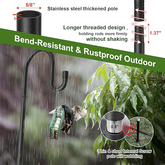 Hummingbird Feeder Pole for Outdoors - Heavy Duty Bird Feeder Stand with Adjustable Stake,62"Rustproof Shepards Poles with Hangers Holder for Birdfeeder,Wind Chimes,Lanterns,Wreaths,Black