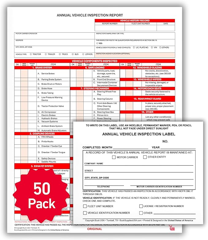 50 Pack 3-Ply Carbonless Annual Vehicle Inspection Report Forms with FMCSA 2-Ply Mylar Laminate Adhesive Vinyl Labels, DOT Inspection Forms and Stickers, Shrink-Wrapped, 8.5" x 11.75" - Made in USA