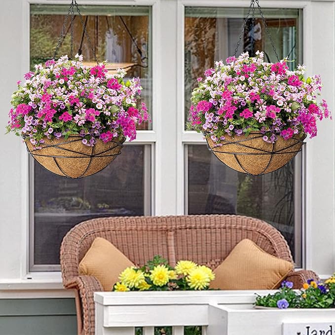 2 Pack 10 Inch Hanging Planters for Outdoor Plants Metal Wire Flower Baskets with Natural Coconut Liners for Garden Planting Decor