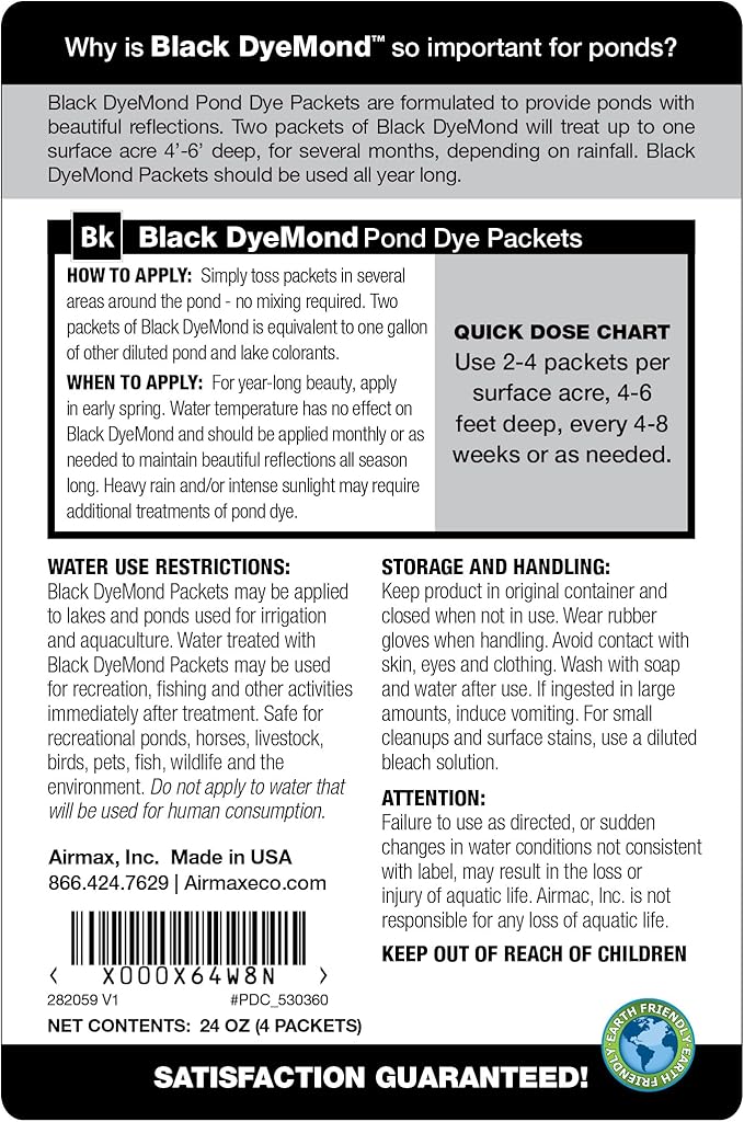 Airmax Black DyeMond Pond Dye Packets Natural Water Colorant for Ponds, Beneficial UV Blocking Color Concentrate, Fish, Bird & Animal Safe, 16 Packet