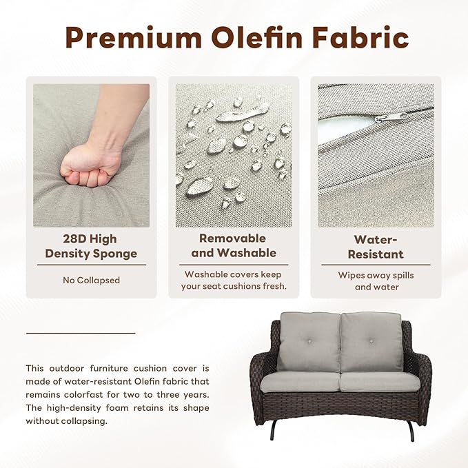 5 Piece Outdoor Patio Furniture Set - Outdoor Conversation Couch and Loveseat Glider Chair Furniture Set with Rattan Coffee Table for Deck Balcony Poolside Brown Wicker/Grey Cushions