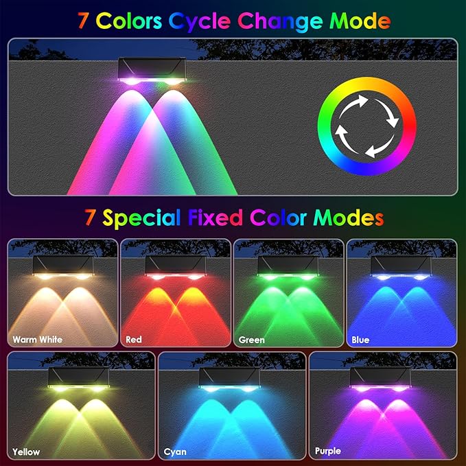 Derynome Solar Fence Lights Outdoor - Dusk to Dawn IP45 Waterproof Solar Garden Lights for Outside, Step, Backyard, Railing, Step, Patio & Wall (Color Change+7 Color, 8 Pack)