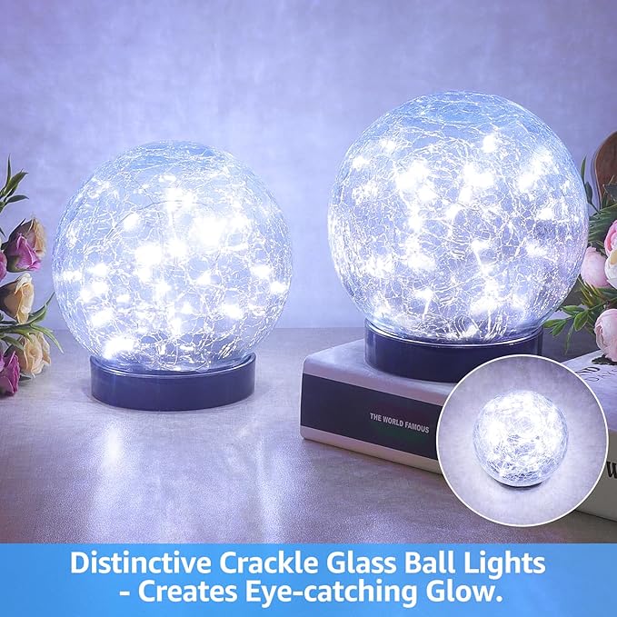 2-Pack Garden Solar Lights Outdoor, Cracked Glass Ball Light Waterproof, Decorative Solar Powered Globe Lighting Cool White for Yard Pathway